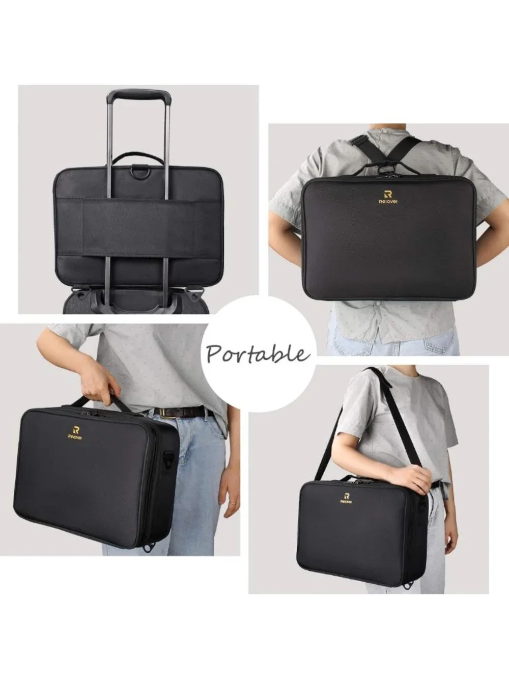 Large Makeup Case - Waterproof Travel Cosmetic Organizer, 3-Layer Brush Holder